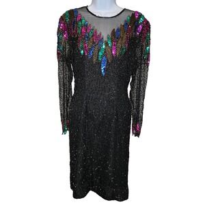 VTG 80s Scala Black Silk Beaded Sequin Dress M Holiday Party Festive Glam Chic